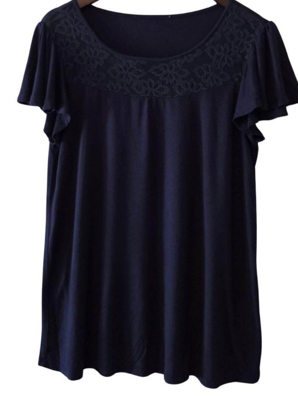 Navy Blue Flutter Sleeve Scoop Neck Women's Top With Floral Lace